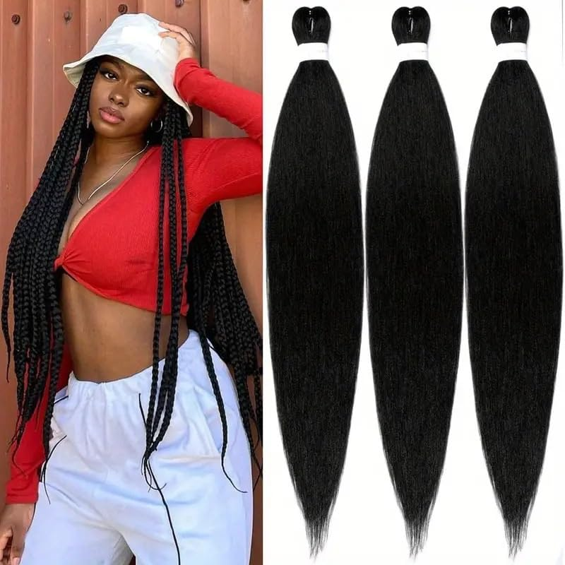 Pre Stretched Hair Extensions for Braids 26Inch Pack of 8 Pre-Stretched Braiding Hair Extensions Texture Synthetic Hair Extensions Braiding Hair Extensions (Black, 20Inch) image number 2