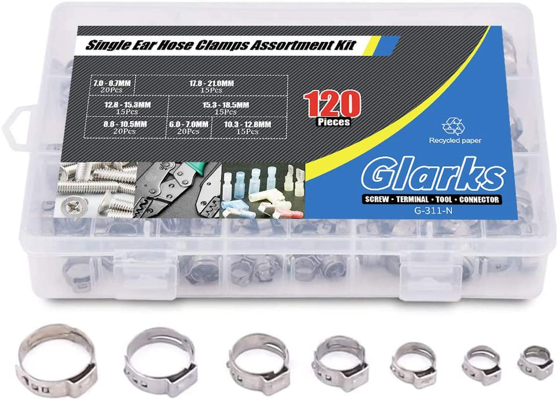 Glarks 120Pcs 7-21Mm 304 Stainless Steel Single Ear Hose Clamps Assortment Kit image number 5