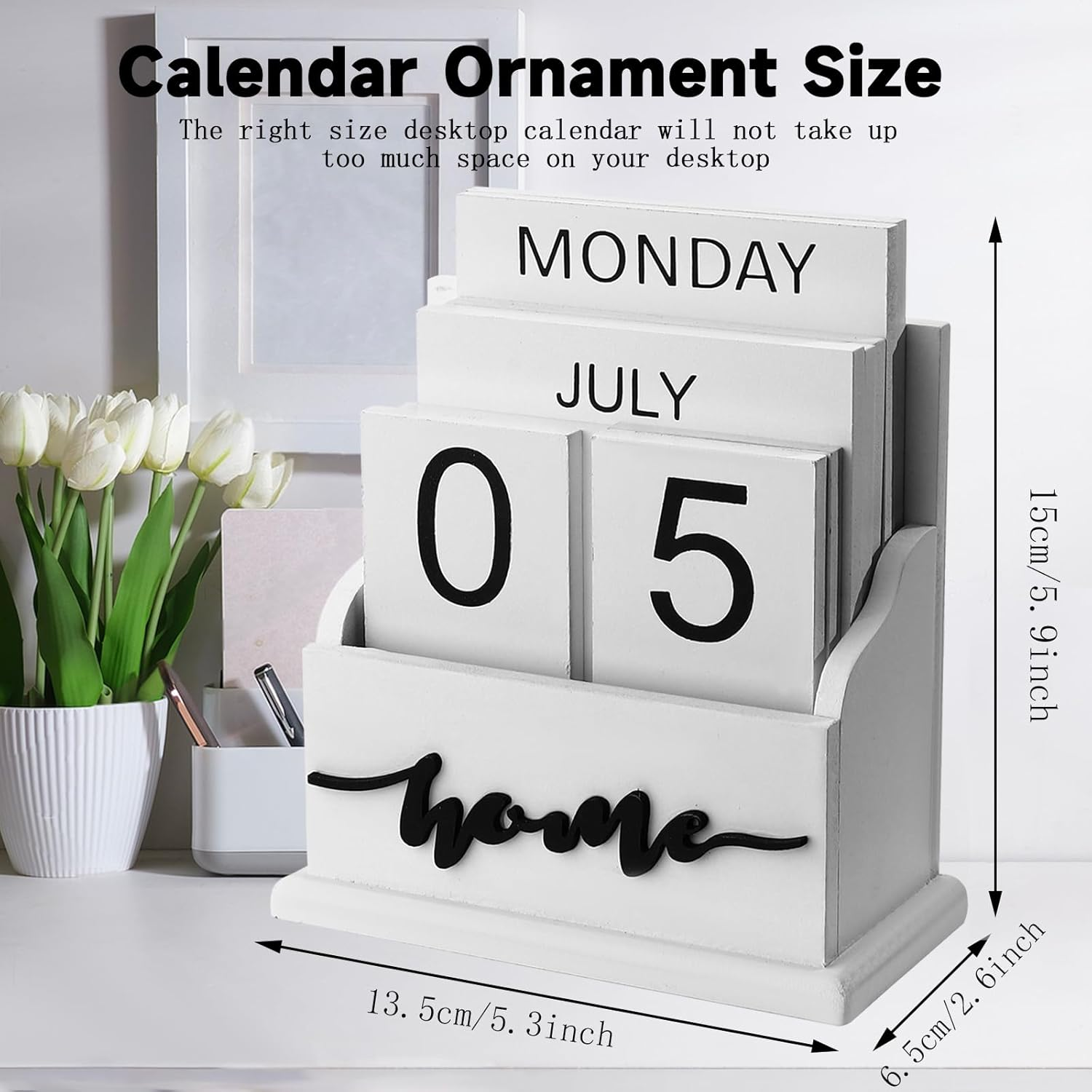 Wooden Block Perpetual Calendar for Desk, Wood Desktop Month Week Date Display Calendar, Rustic Farmhouse Boho Home Office Decor Aesthetic Desk Accessories (White) image number 2