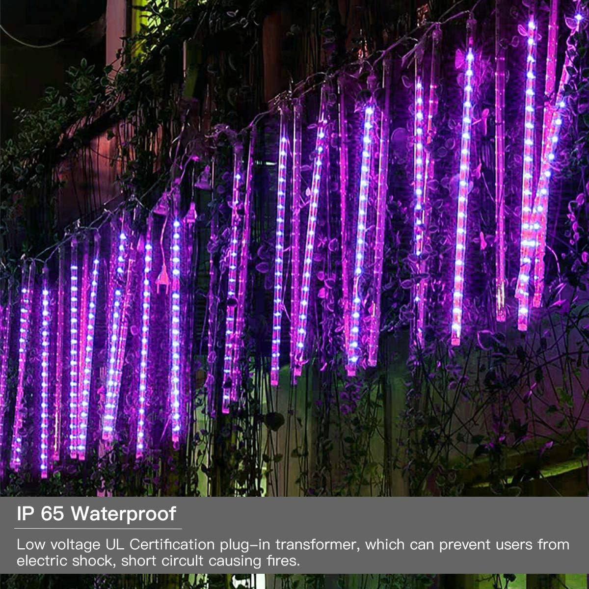 Pinlo Halloween Meteor Shower Rain Lights, 30Cm 8 Tubes 248 LED String Lights, Waterproof Cascading Lights for Indoor Outdoor Party Christmas Tree Decorations Meteor Lights (Purple) image number 1