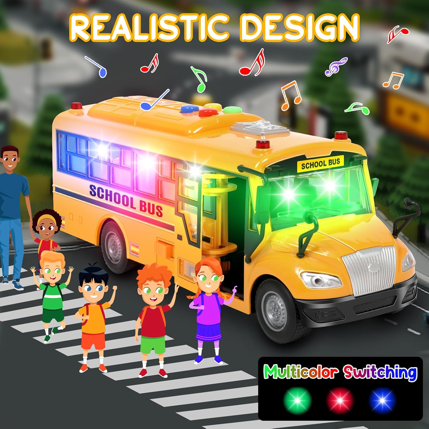 Yellow School Bus Toys for Toddlers with 4 Different Flashing Lights & Sound, Back and Side Doors Open Friction-Powered Wheels Light up Toy Buses Birthday Gift 3 4 Year Old and up Girl Boy Toys image number 1