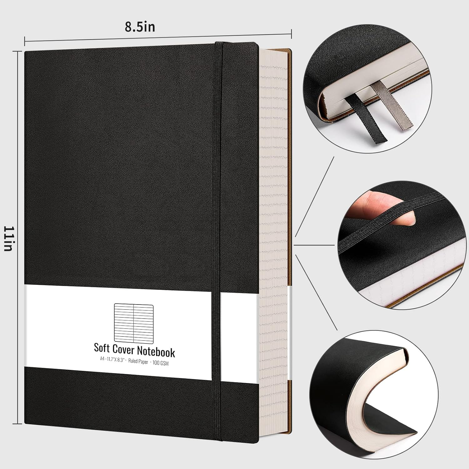 AHGXG 8.5''&times;11' Notebook College Ruled - Large A4 Notebook Lined Journal - 320 Pages Thick Journal for Writing, 100Gsm Thick Paper, Leather Softcover, for Work School - Black image number 1
