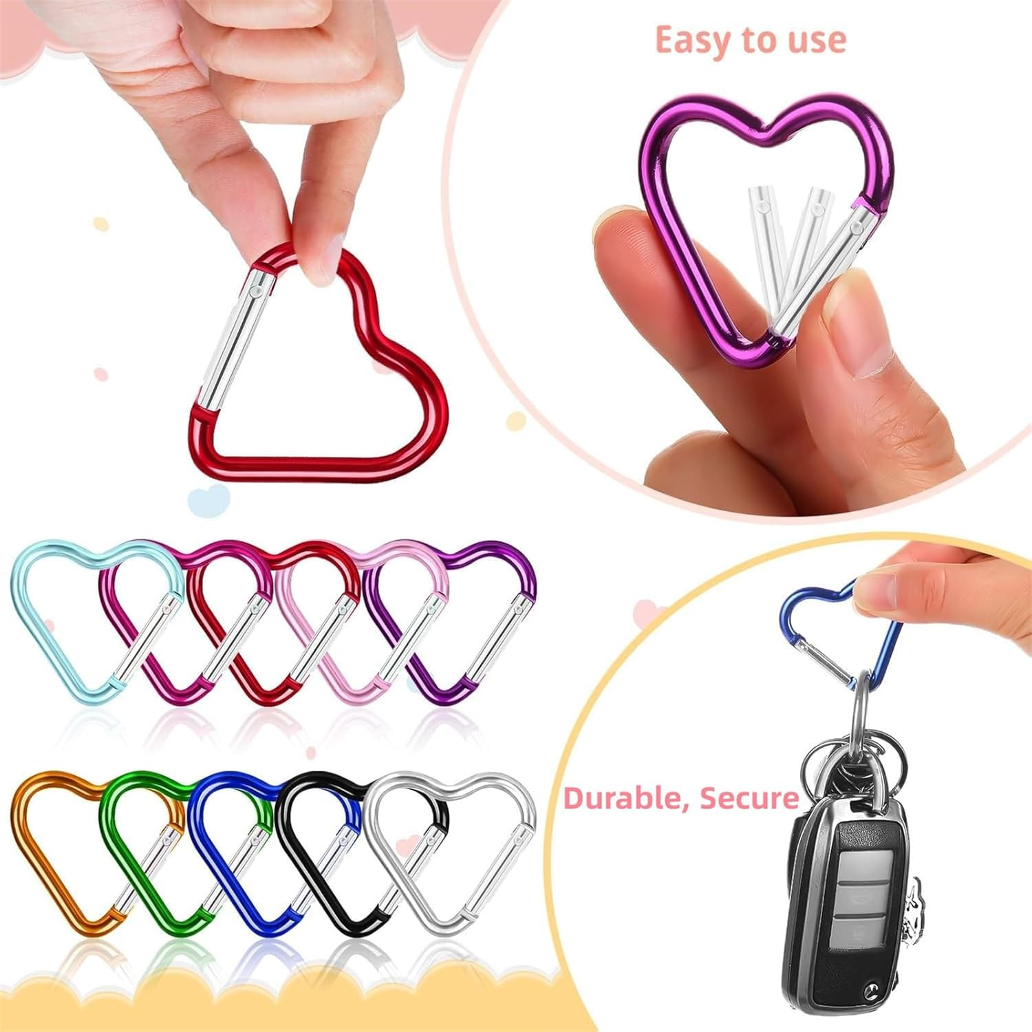 10 PCS Heart Shaped Keychain Carabiner Clips, Aluminum Heart Carabiner Spring Snap Hook Key Clip Connect Hooks for Keyring Belt Loop Water Bottle Backpack Hiking Camping image number 3