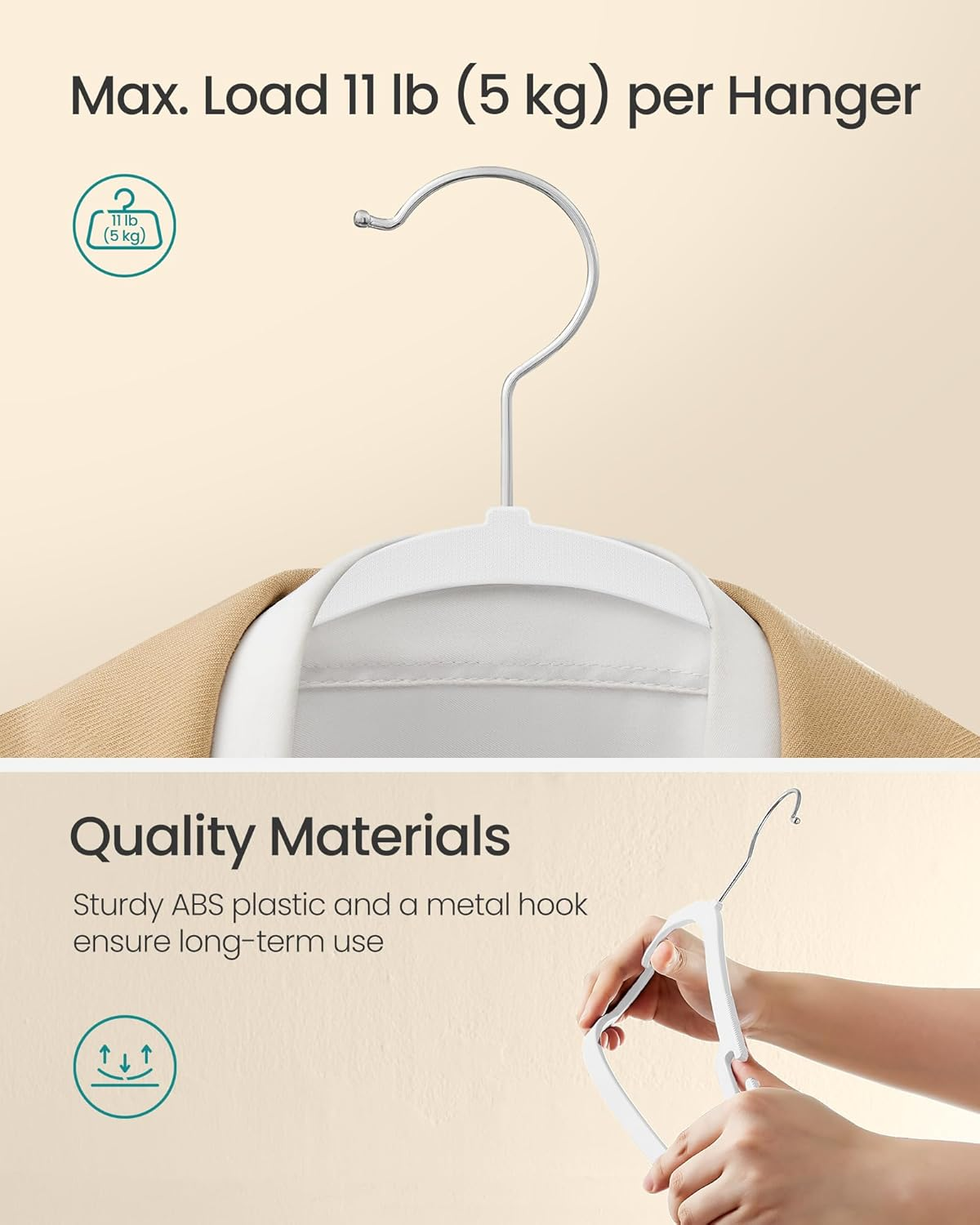 SONGMICS Coat Hangers, Pack of 50, Heavy-Duty Plastic Hangers, with Wide Shoulder Notches, Trousers Bar, 360&deg; Swivel Hook, Space-Saving, 41.6 X 21.4 Cm, for Wardrobe, Cloud White UCRP060W01 image number 2