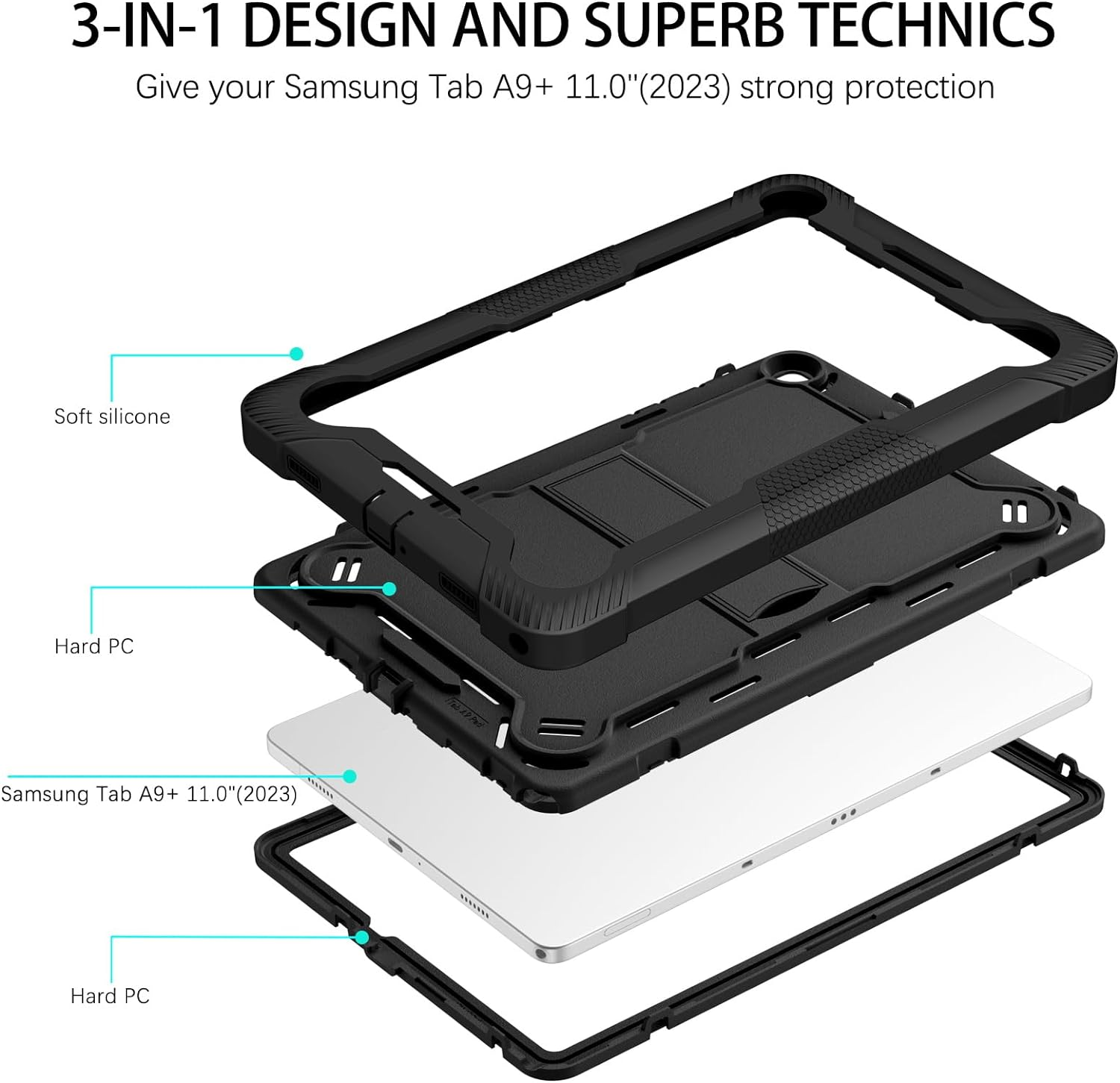 Gaobao for Samsung Galaxy Tab A9+ Case 11 Inch (2023)(SM-X210/X216/X218), Samsung Galaxy Tab A9+ Case for Kids, Full Body Protective Shockproof Tablet Case Cover with Adjustable Kickstand, Black - Black image number 2