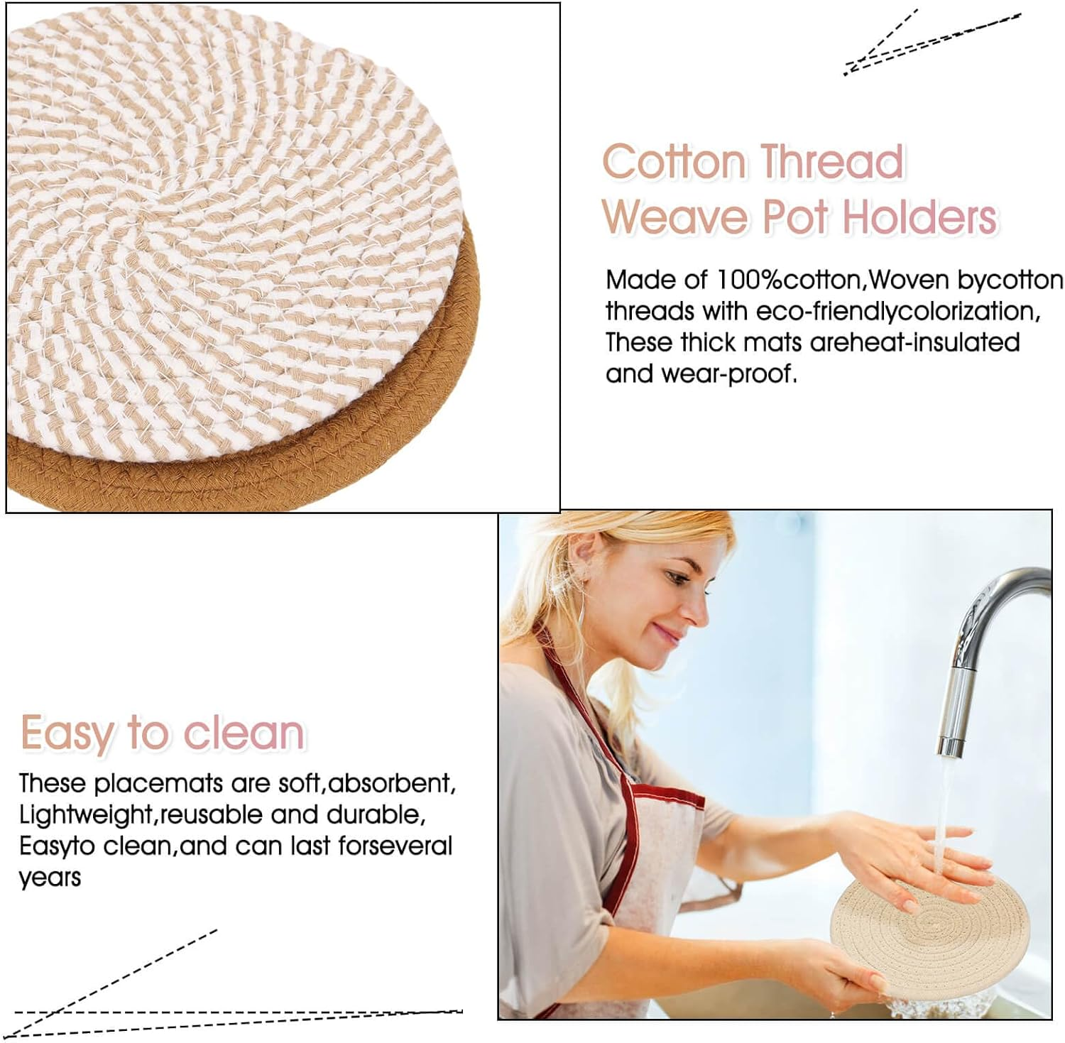 Trivets for Hot Pots and Pans, 6 Pieces Boho Rivets for Hot Dishes, Pot Holders for Kitchen, Hot Pads for Countertops, Boho Home Decor, House Essentials for New Home, 11.8 Inches and 7 Inches image number 5