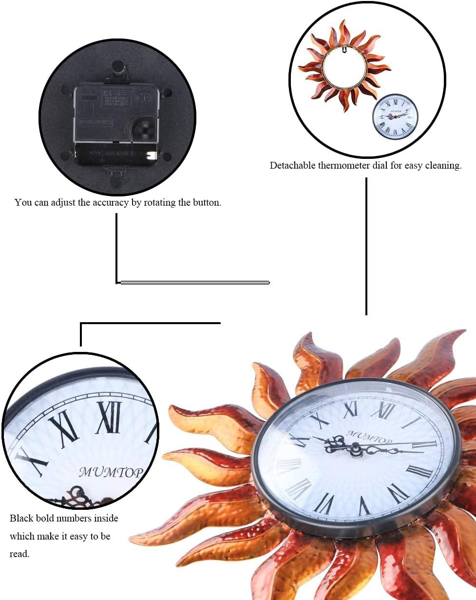 MUMTOP Indoor Outdoor Wall Clock Outdoor Clock Wall-Mounted Clock Exquisite Decoration (Sun) image number 3