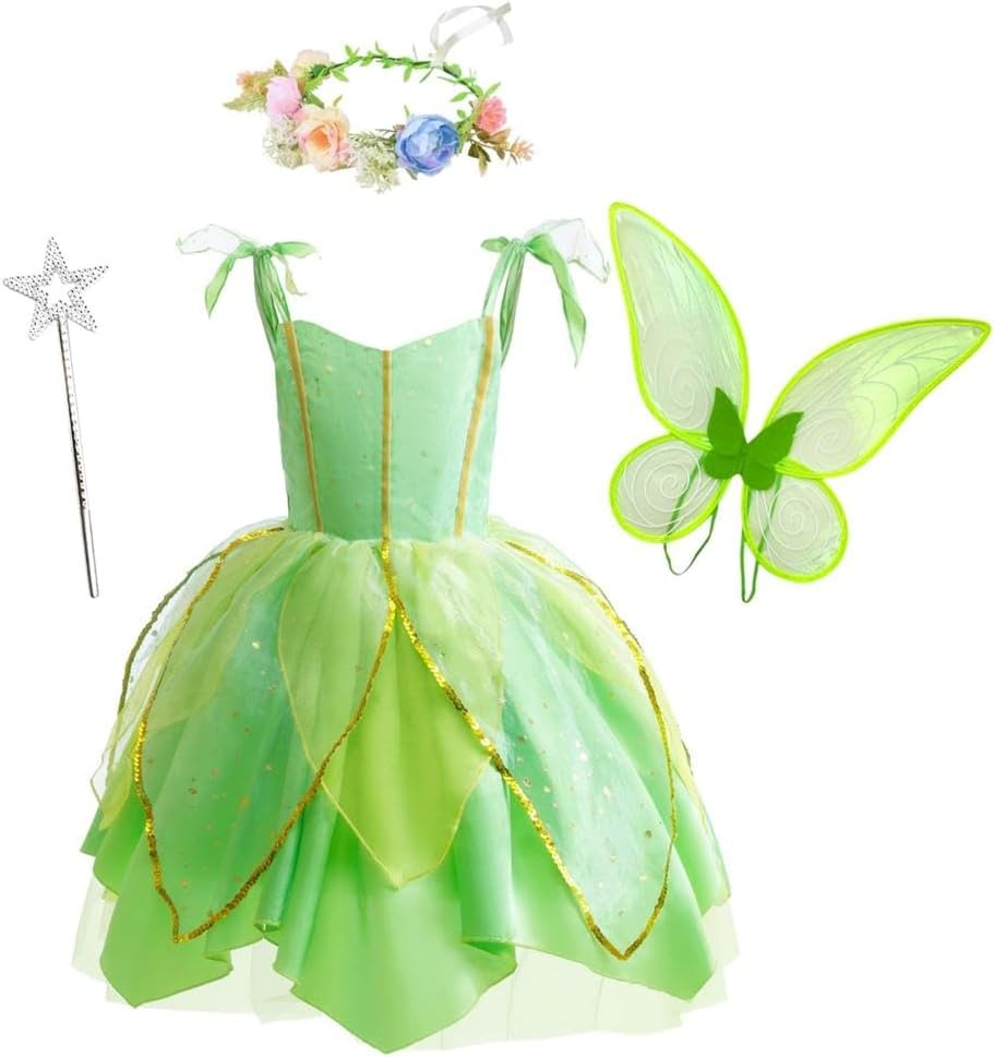 Dressy Daisy Green Fancy Fairy Halloween Costume Birthday Party Dress up with Butterfly Wings for Toddler Girls Size 1 to 14