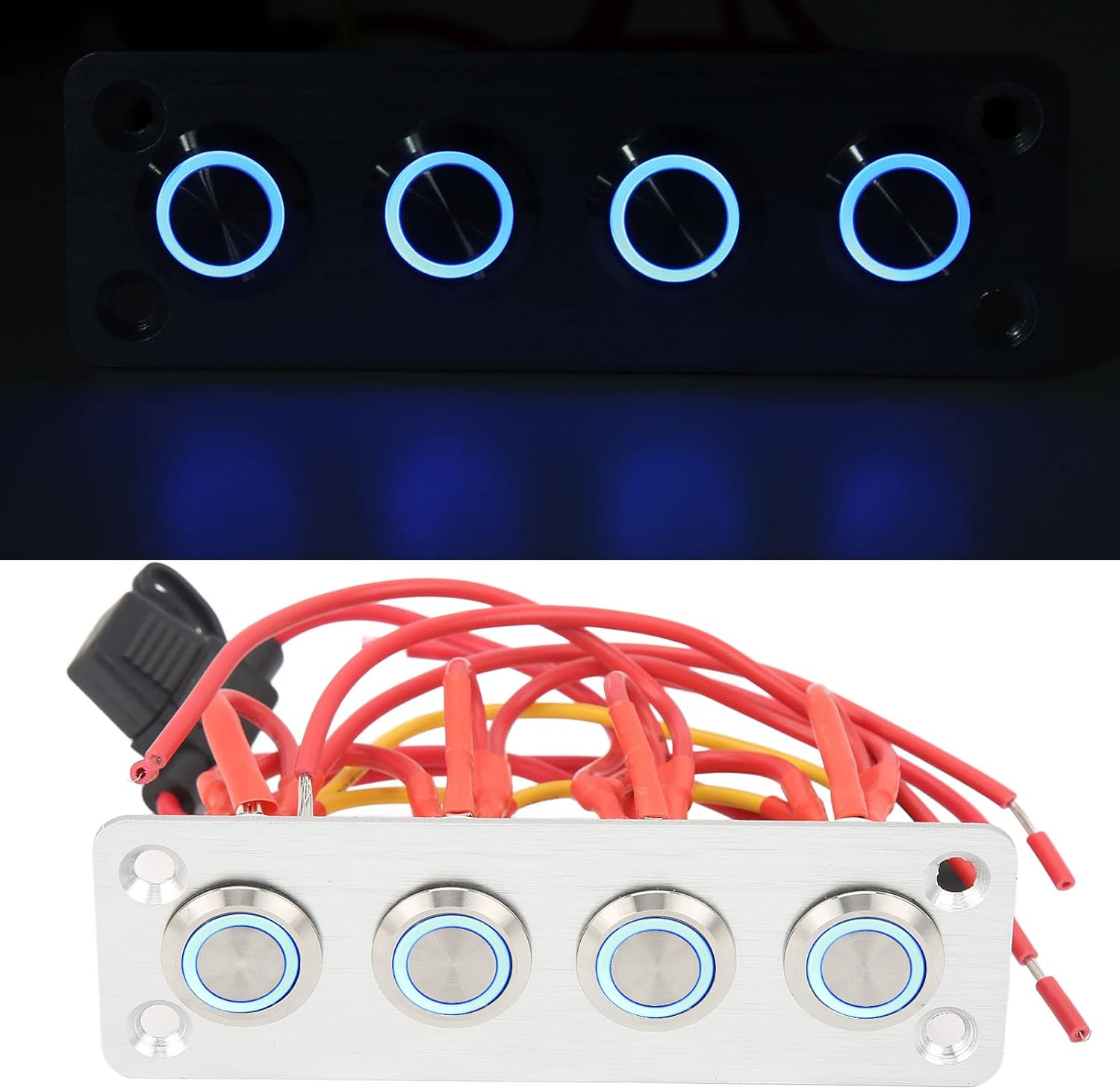 4 Gang Rocker Switch Panel, 12V 16A On/Off Push Button Switch Panel with Blue Backlit LED, Universal Boat Marine Rocker Switch Aluminum Panel for Car, RV, Truck, Automotive image number 2