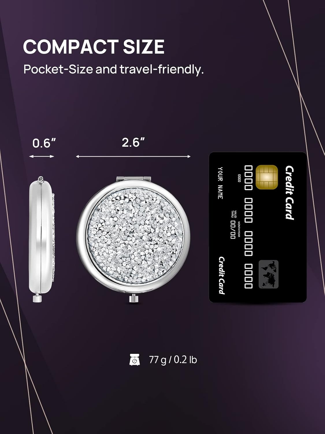 OMIRO Compact Mirror, Mini Mix Diamond 1X/2X Magnifying round Metal Pocket Makeup Mirror (Silver) image number 3