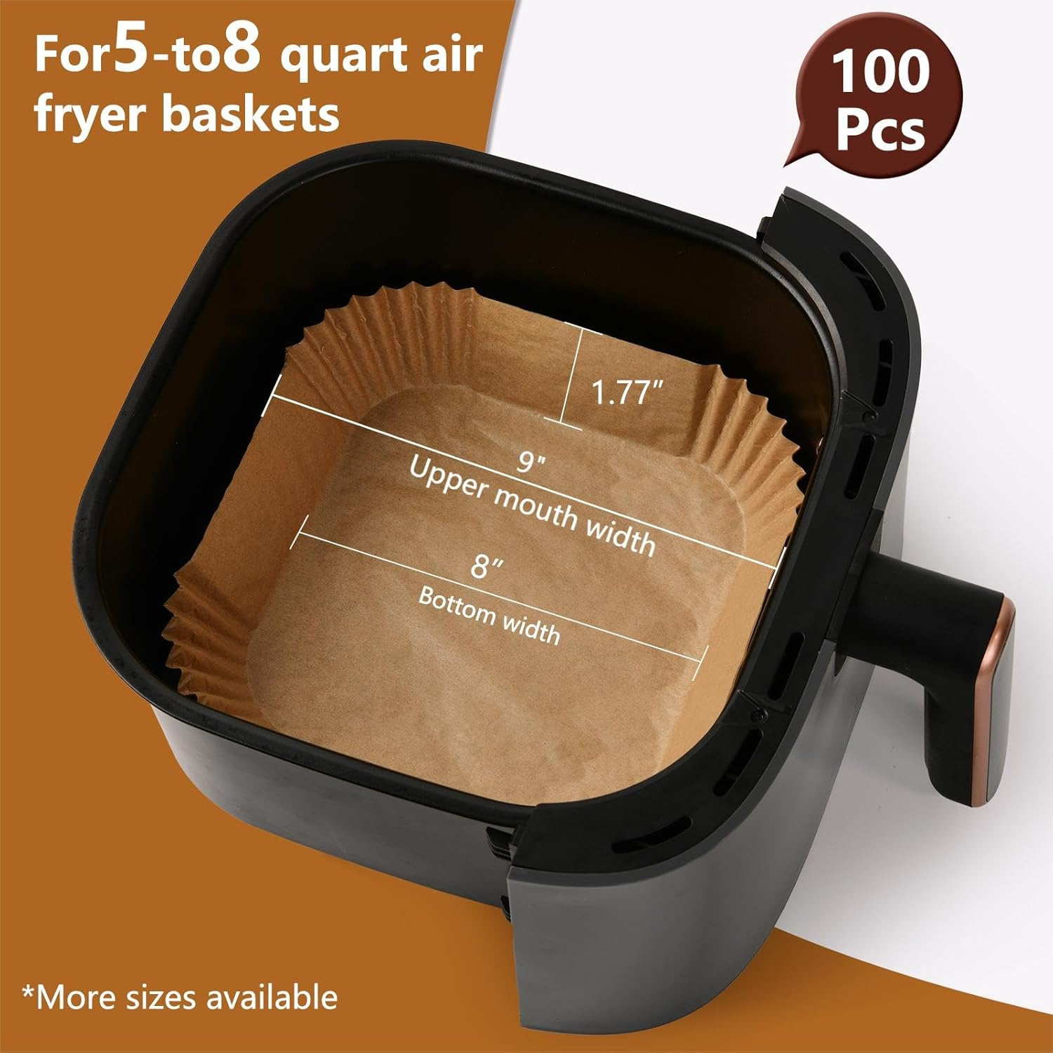 Tubon Air Fryer Paper Liners: Top 9 Inch, Bottom 8Inch Disposable Air Fryer Liners, 100PCS Oil-Proof, Water-Proof Square Air Fryer Accessories, Food Grade Non-Stick Parchment Paper image number 3