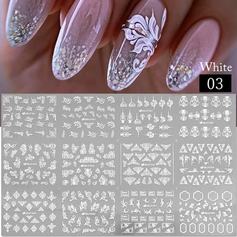Flower Nail Art Stickers - White, 3D Self-Adhesive, Retro Floral Blossom Nail Decals for Women'S Acrylic Nails image number 4