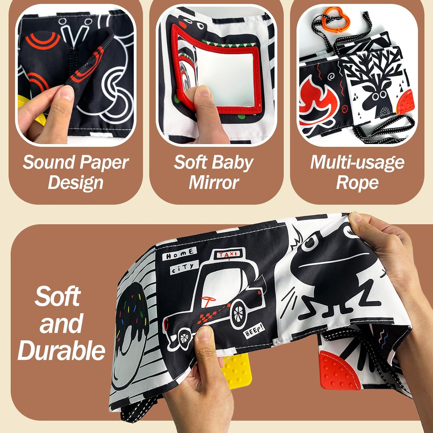 Black and White Baby Toys Tummy Time High Contrast Newborn Toys 0-3 Months, Soft Baby Book Visual Stimulation Infant Toys 0-6-12 Months, Crinkle Montessori Learning for Babies image number 1