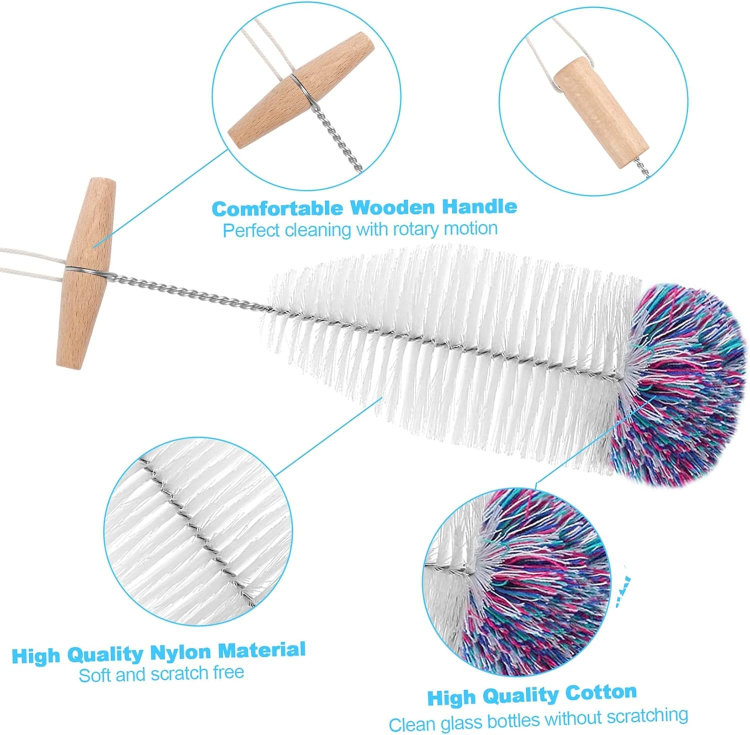 Bottle Brush for Sodastream Glass Bottles, 2 Pack White, Nylon Bristles, Stainless Steel + Nylon, Long Handle image number 1