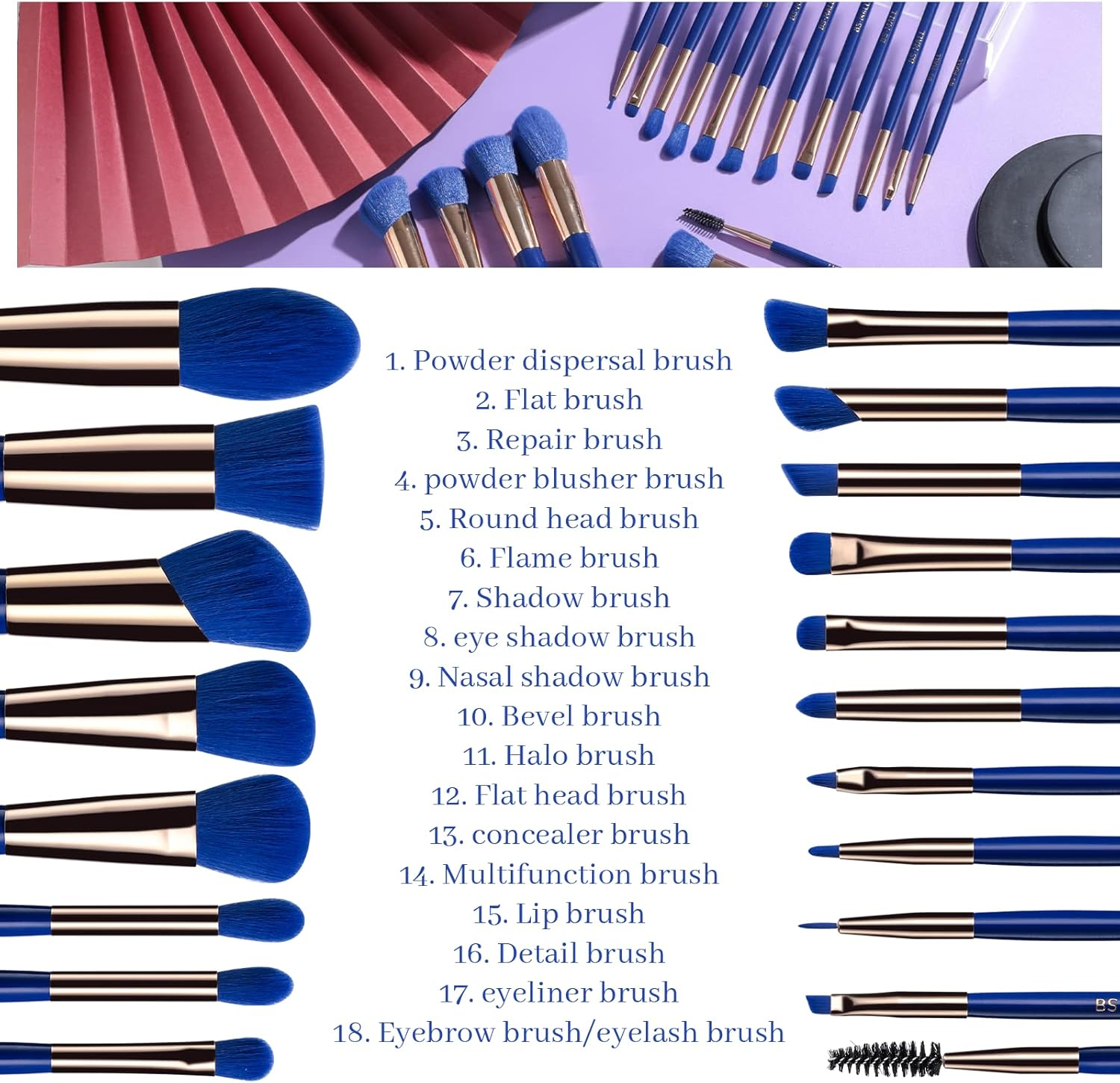 BS-MALL Makeup Brushes Premium Synthetic Foundation Powder Concealers Eye Shadows Makeup 18 Pcs Brush Set，Dark Blue with Case