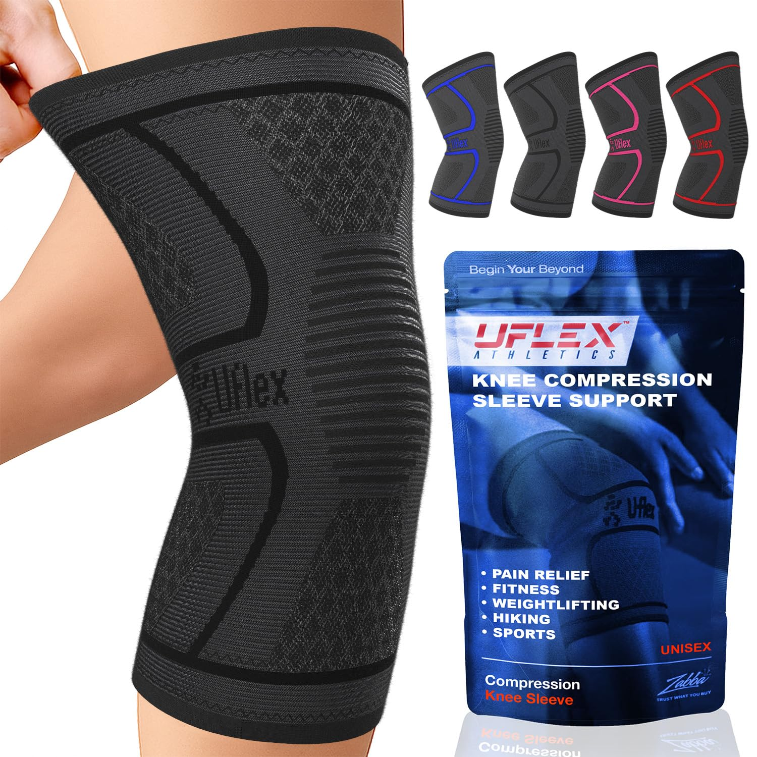 Uflex Athletics Compression Knee Brace for Women & Men Knee Sleeves Support for Sports, Running, Weightlifting, Arthritis, Meniscus Tear, ACL, Hiking, Recovery Support & Fitness Small Black image number 2