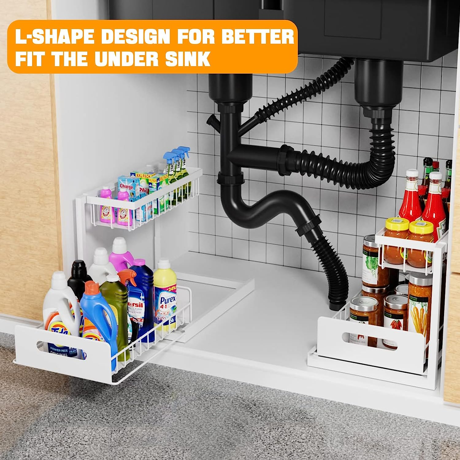 DEVA Bathroom Organizer, High Duty Metal under Sink Organizer and Storage, 2 Tiers Pull-Out under Sink Organizer and Storage for Sink Kitchen Cabinet Laundry, White image number 4