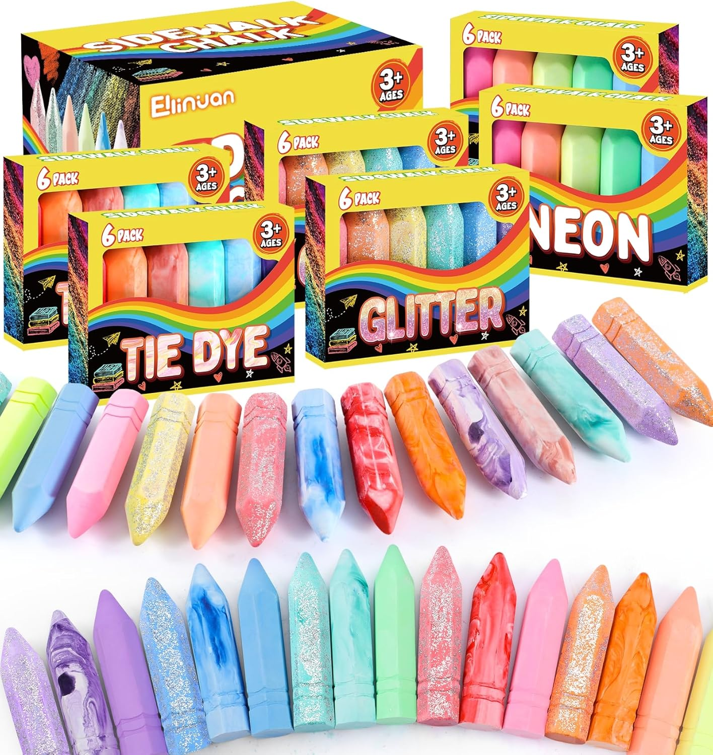 36 PCS Washable Sidewalk Chalks Set in 6 Packs, 18 Colors, Including 12 Tie Dye Sidewalk Chalks, 12 Glitter Chalks & 12 Neon Color Chalks image number 5