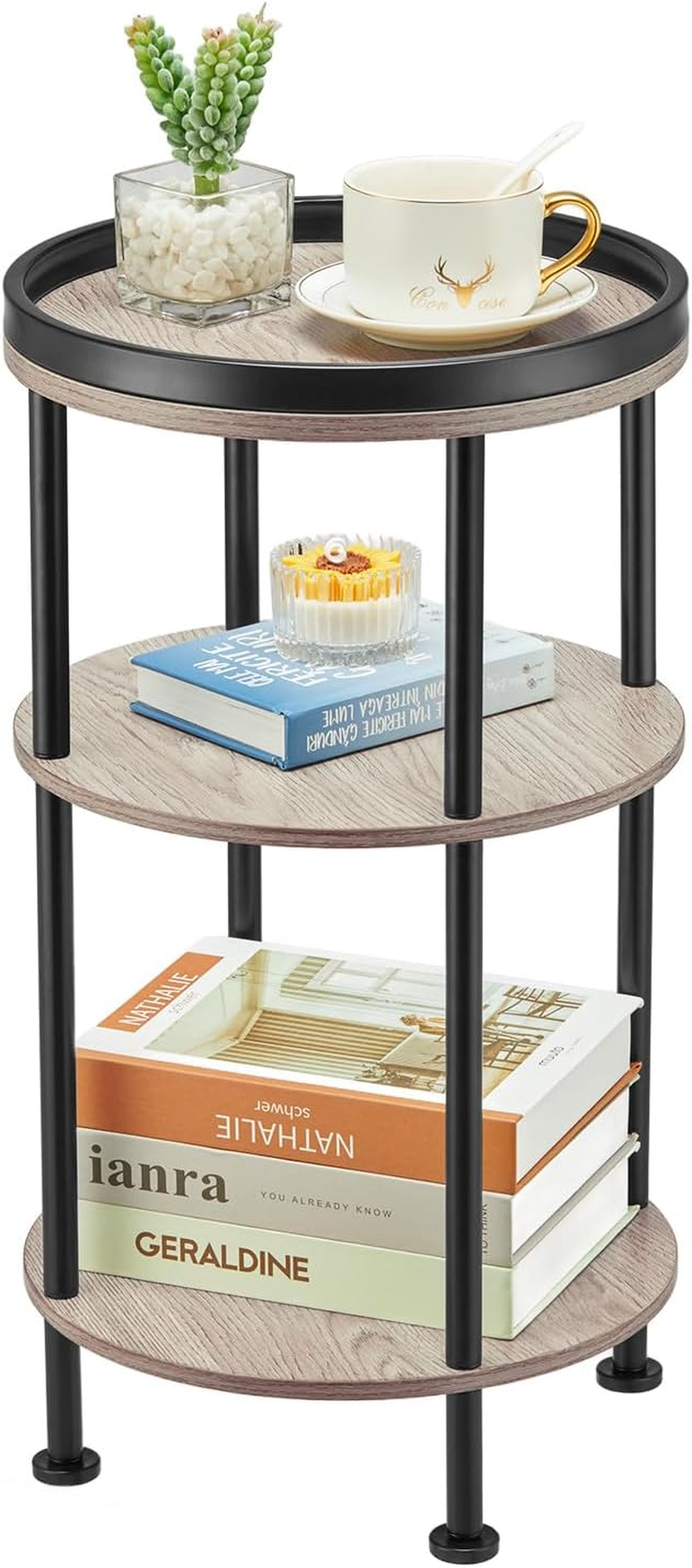 Side Table, 3 Tiers, round Night Table, Width 11.8 X Depth 11.8 X Height 21.7 Inches (30 X 30 X 55 Cm), Living Side Table, Bedside Table, Mini Table, Folding Side Table, Wood Grain Table, image number 4