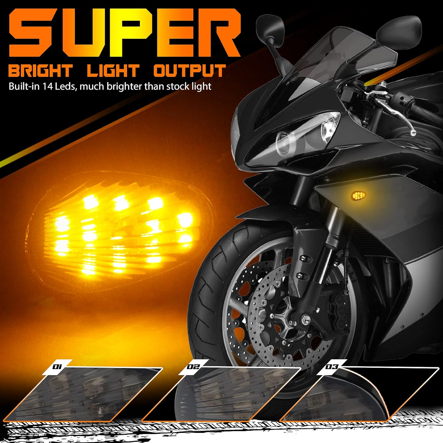 QUASCO Flush Mount Motorcycle Turn Signals Smoked Lens Led Blinkers Compatible with Yamaha YZF R1 R3 R6 R6S FJ 09 FZ MT 07 09, Amber
