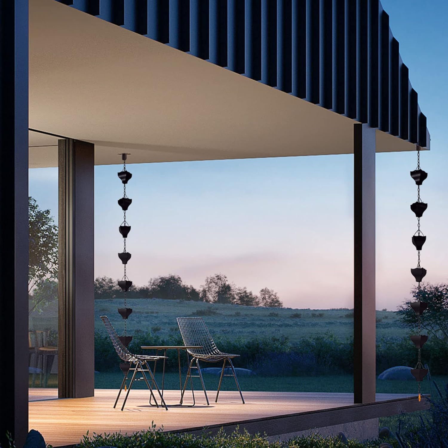 8.5Ft Black Rain Chain for Gutters Downspouts Outside, Rain Chains Black Cups Barrel, Functional and Decorative Replacement for Gutter Downspouts image number 2