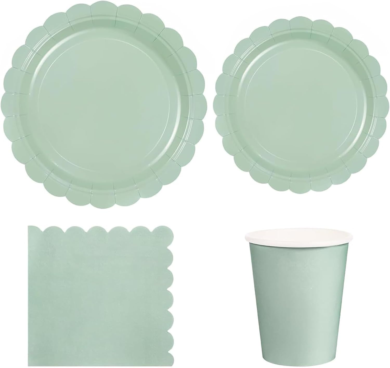 68 Pcs Sage Green Paper Plates and Napkins, 16 Guest Sage Green Party Supplies Include Sage Green Scalloped Plates Paper Cup Spoons for Baby Shower, Wedding, Birthday Dinner Picnic Camping Party image number 2
