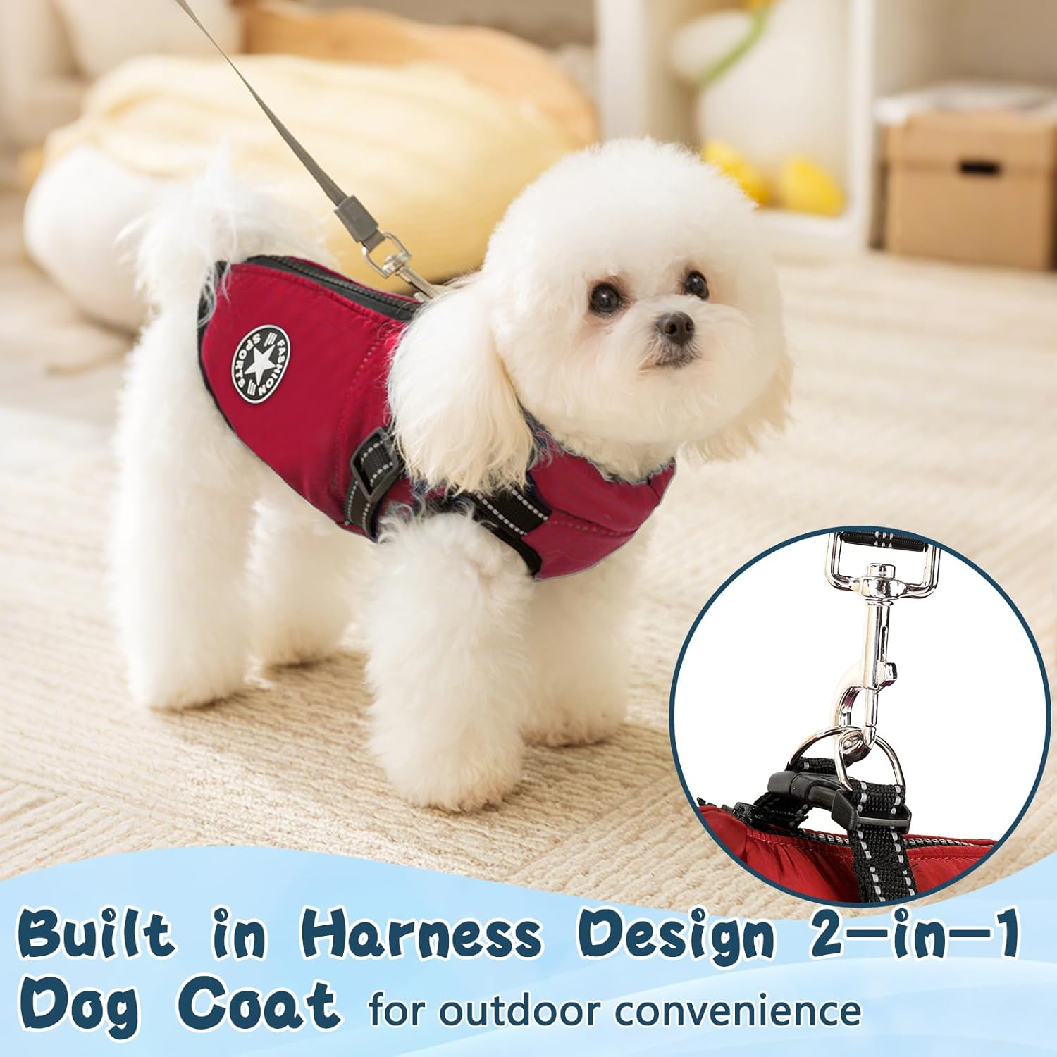 Reflective Padded Dog Jacket with Built-In Harness, Water-Resistant Winter Dog Coat with D-Ring Leash & Fur-Safe Zipper, Warm Windproof Coats for Small Dogs and Kittens (Red, S) image number 3