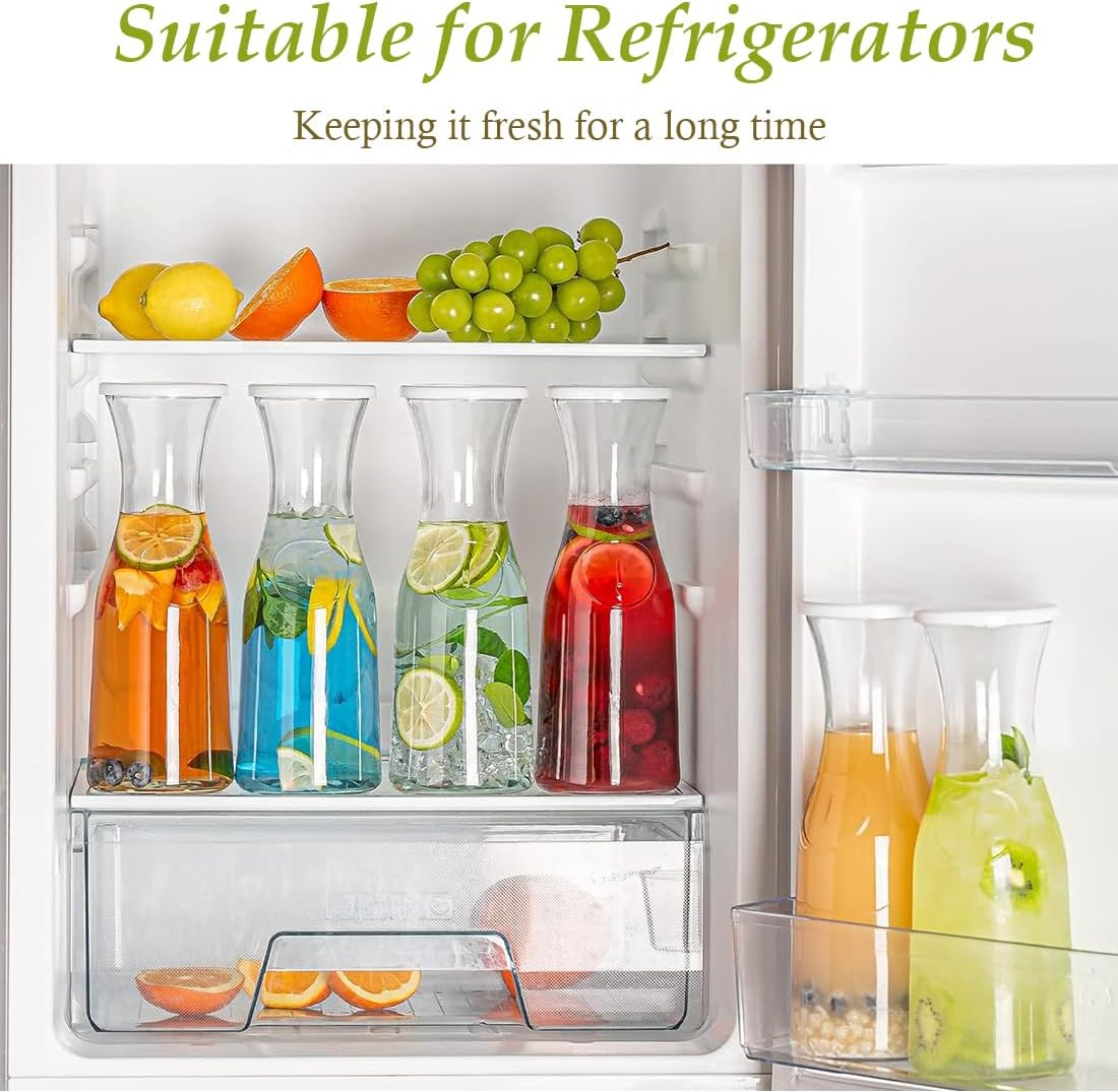 Set of 4 Glass Carafe with Lids, MUVKQC Glass Carafe Pitchers, 1 Liter Water Pitcher Carafe for Mimosa Bar, Brunch, Cold Water, Wine, Iced Tea, Lemonade, Beverage, 34OZ