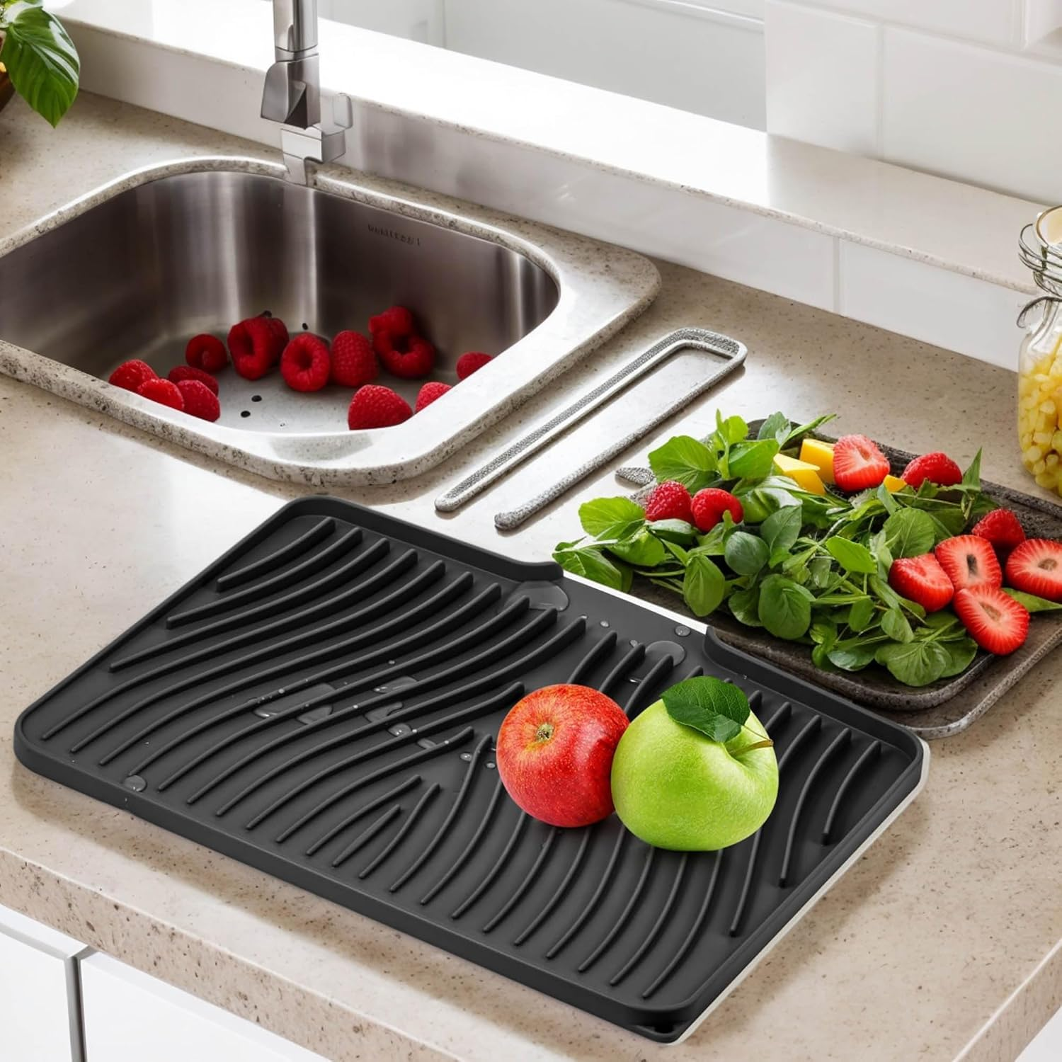 Silicone Dish Drying Mat for Kitchen Counter Non-Slip Pad with Built-In Drain Sink (Black) image number 1