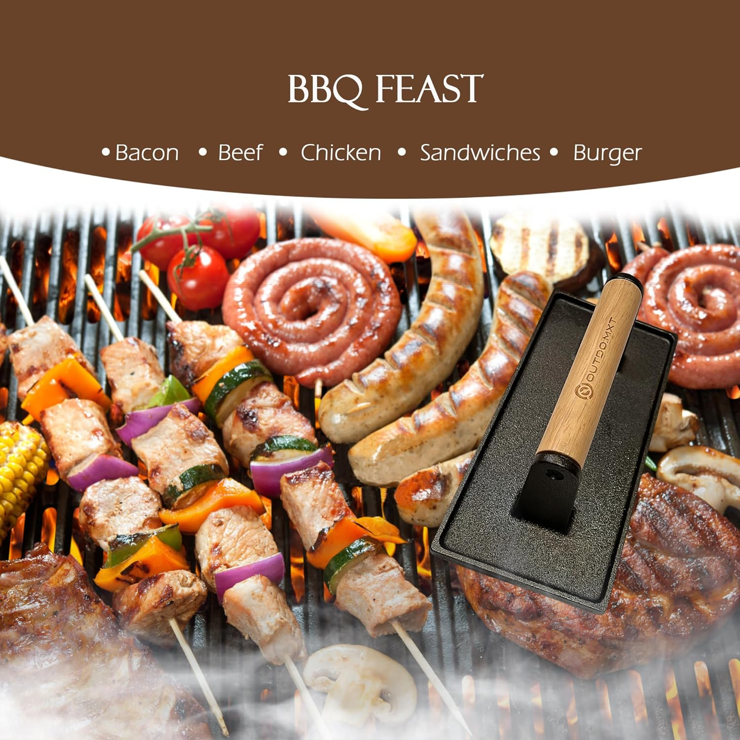 Burger Press Smash Burger Press for Blackstone Griddle Heavy Duty Cast Iron 8.5"X4.3" Rectangular Grill Press Bacon Press with Wood Handle and Silicone Protective Cover image number 4