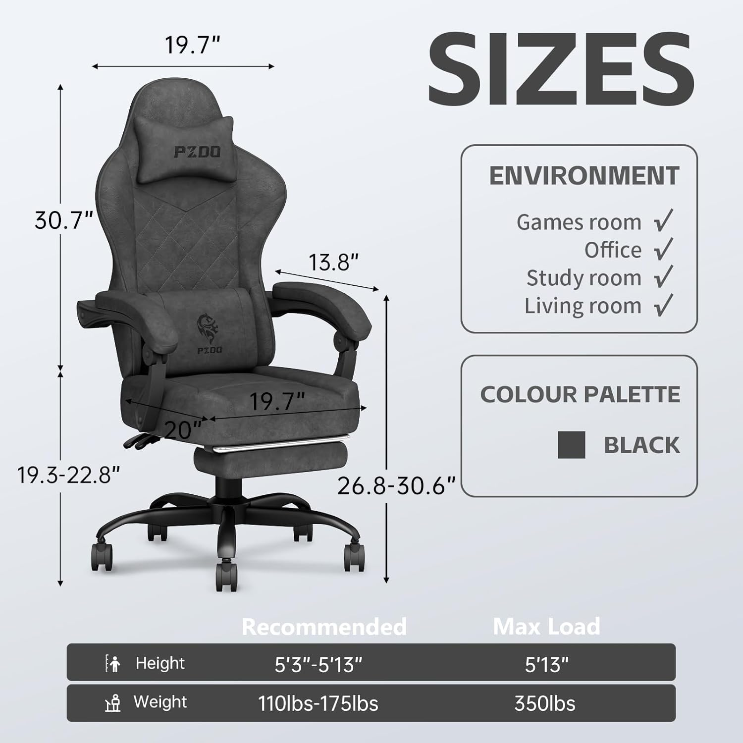 Gaming Chair, Gaming Chairs for Adults with Footrest, Lumbar Support, Fabric Computer Office Chair, High Back PC Chairs Ergonomic Gamer Chair with Wide Cushion, Recliner, 300LBS, Teens, Black image number 2