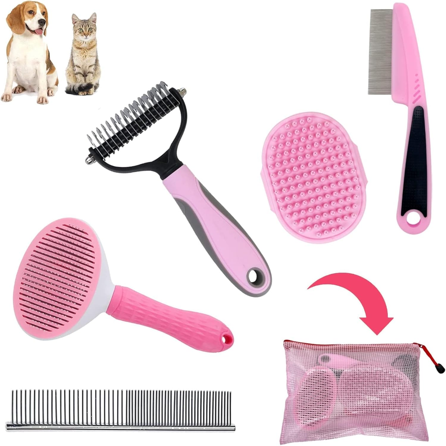 Dog Grooming Kit Pink - Deshedding Dog Brush, Pet Brush, Cat Brush, Slicker Brush, Flea Comb, Puppy Brush Set image number 2