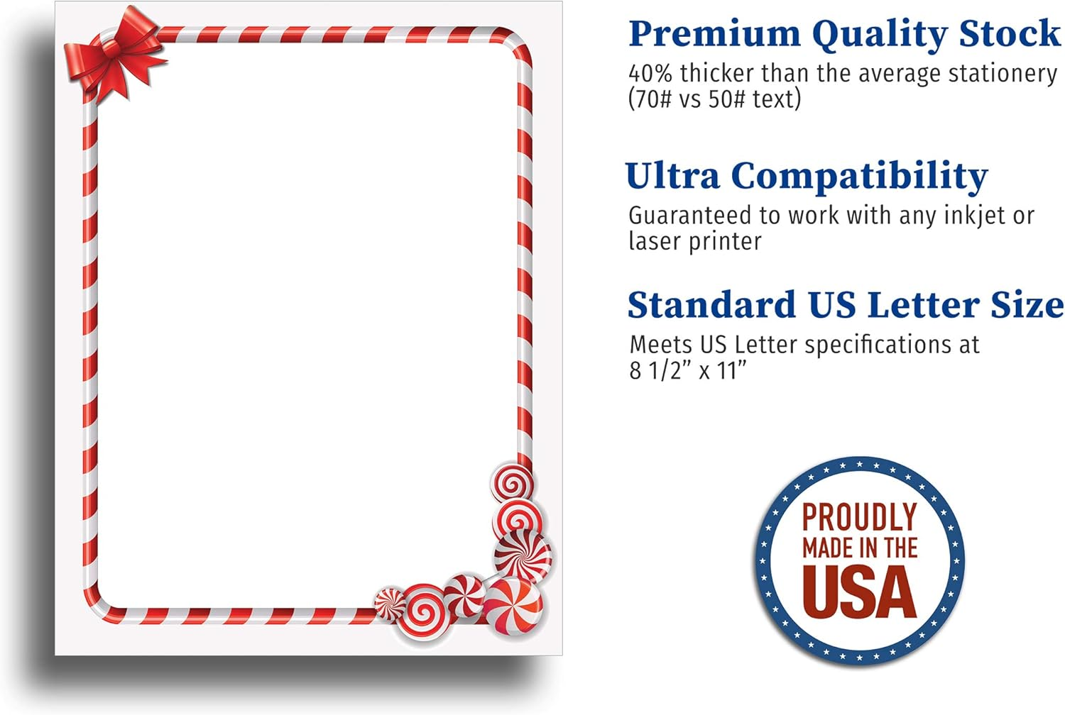 Candy Cane Border Holiday Stationery Paper - 80 Letterhead Sheets image number 3