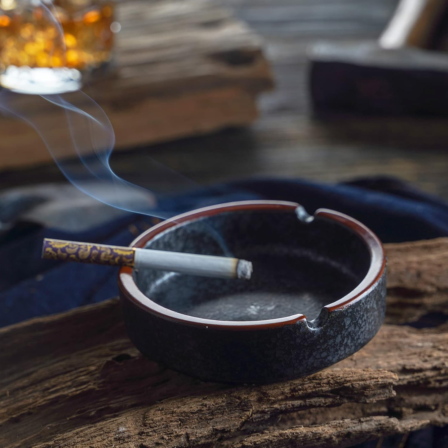 Ceramic Ashtray，Home Ashtray，Ashtray，Cigarette Ashtray for Indoor or Outdoor Use，Coffee Bar Ashtray，Cool Lava Dazzling Black Ashtray image number 4