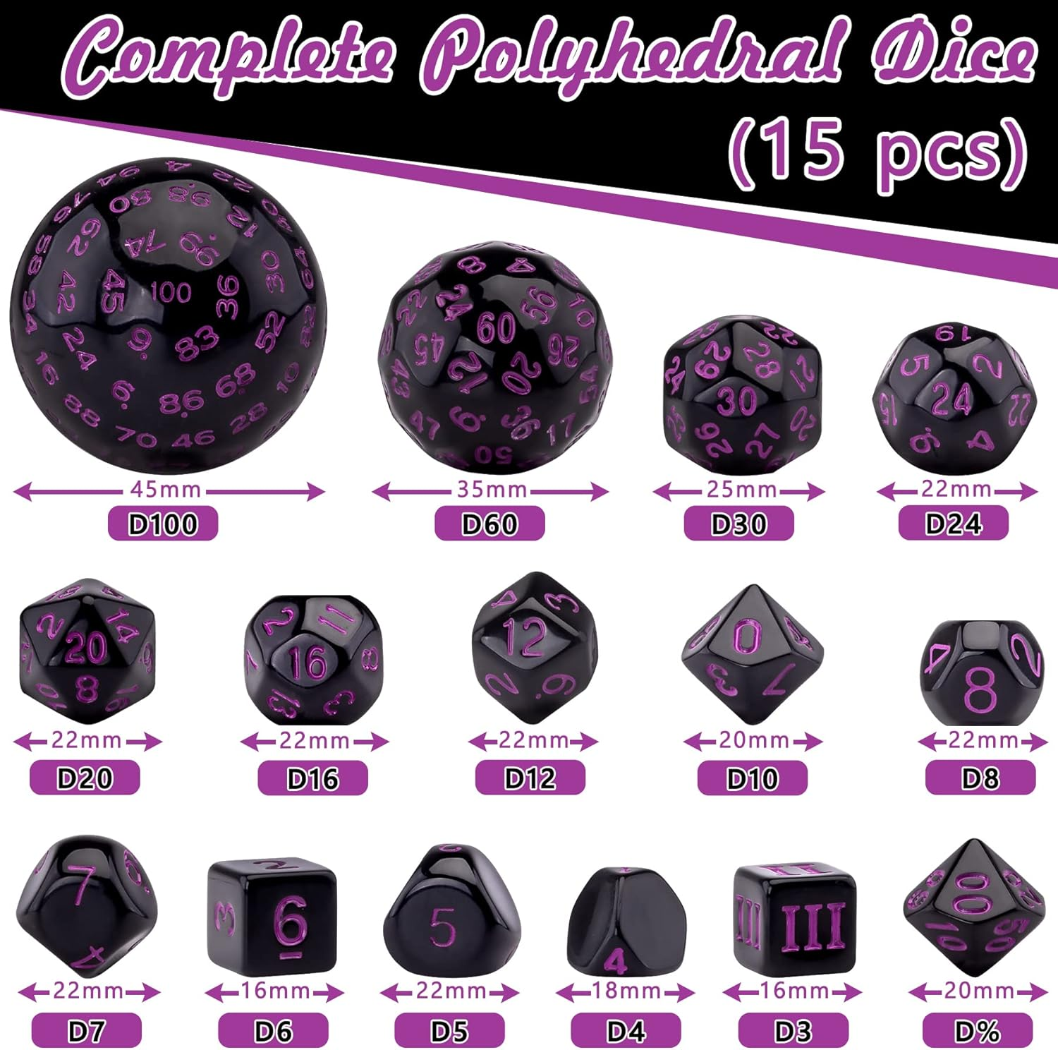 AUSTOR 15 Pieces Complete Polyhedral Dice Set D3-D100 Game Dice Set with a Leather Drawstring Storage Bag for Role Playing Table Games(Black & Purple) - Black  Blue image number 5