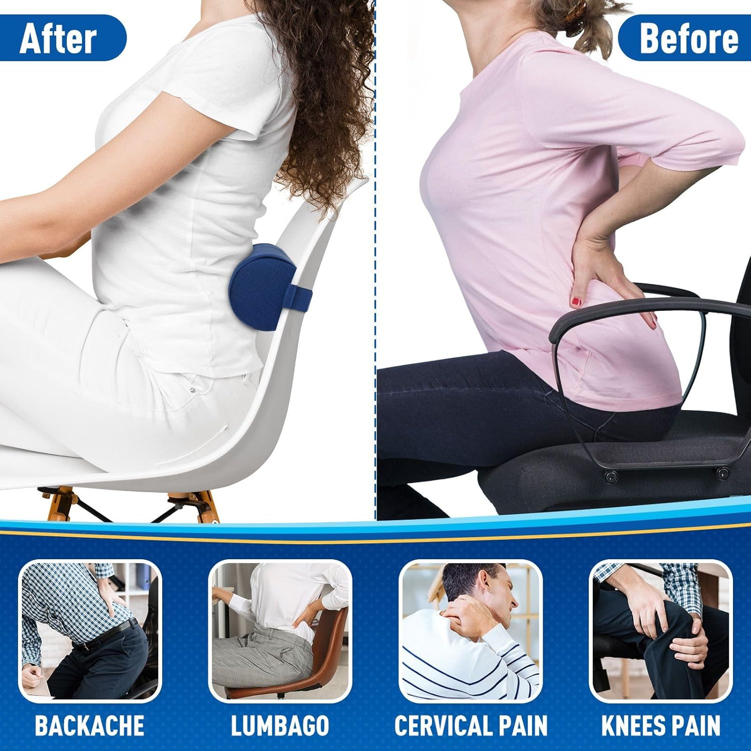 Lumbar Roll Support Pillow for Office Chair, Car, Gaming Chair, Memory Foam Back Cushion with Washable Cover for Relieving Back Pain & Improving Posture,Blue
