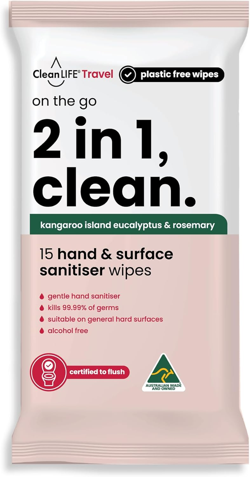 Cleanlife 2-In-1 Hand & Surface Sanitising Wipes &ndash; Disinfecting Antibacterial Cleaning, Alcohol-Free, Plant-Based, Flushable, Kills 99.99% of Germs, 15 Wipes Pack image number 1