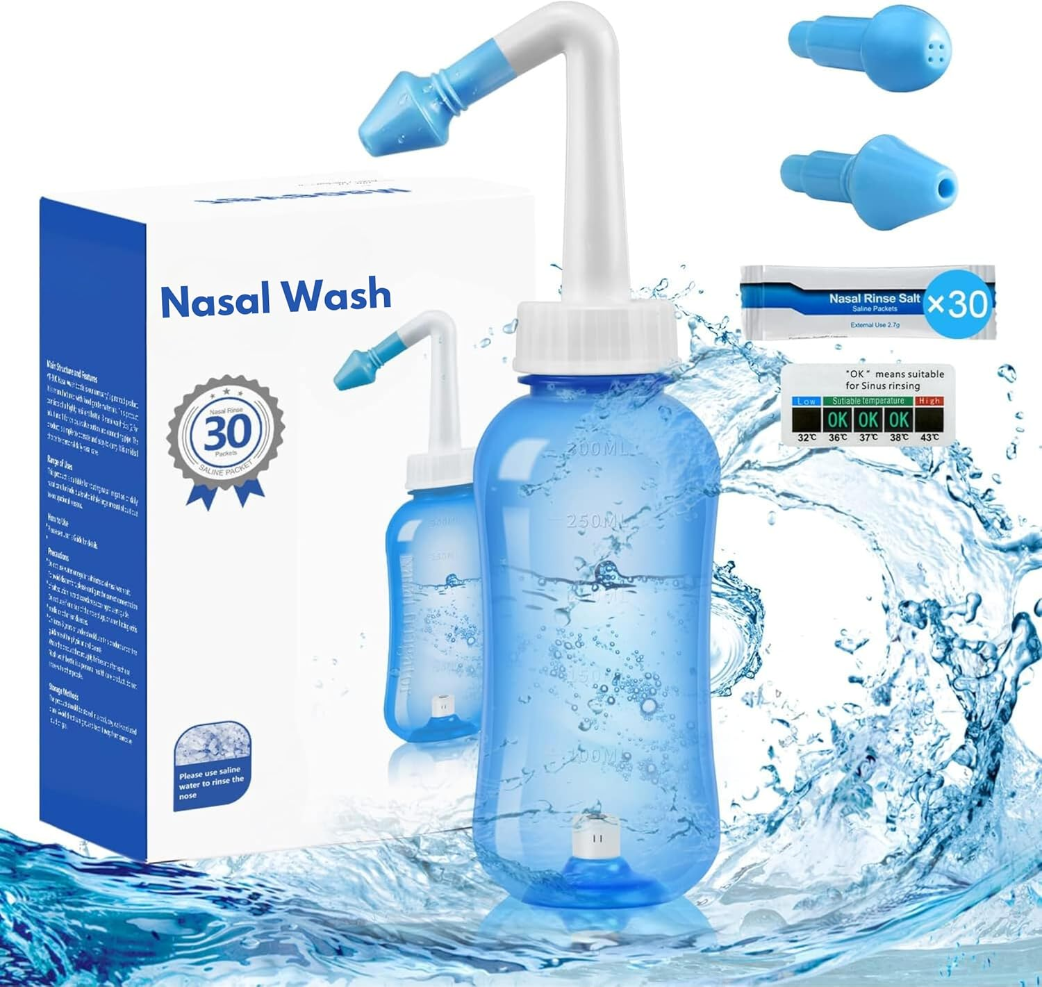 ARSH Nasal Wash Bottle 300 Ml, 30 Packets Nasal Wash Salt Thermometer, Neti Pot Sinus Rinse Bottle, Nasal Irrigator for Flu Allergies & Rhinitis, Nose Cleaner for Adults & Kids, Jal Neti image number 5