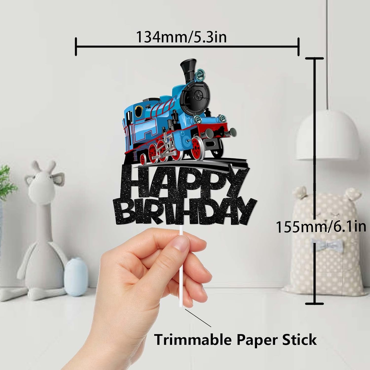 Black Glitter Happy Birthday Cake Topper Cheer to Transportation Train Railroad Crossing Theme Decor Supplies Baby Shower Children Boys Girls Happy Birthday Party Decorations image number 4