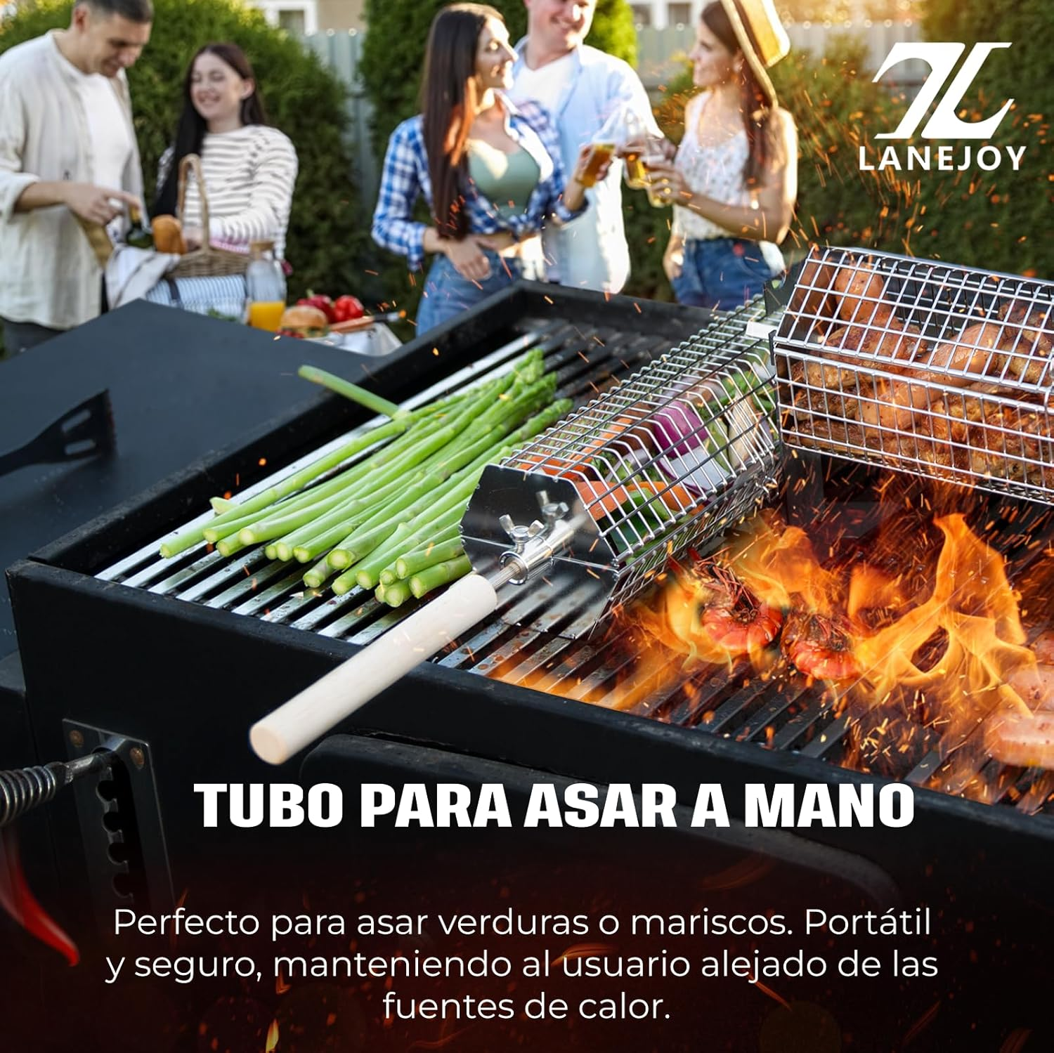 LANEJOY Rolling Grill Baskets with Removable Handle (Hexagonal), 2 PCS Stainless Steel Rolling Grilling Basket for Outdoor Grill, Portable Grill Nets for Vegetable Shrimp Chicken, Barbecue Accessories image number 6