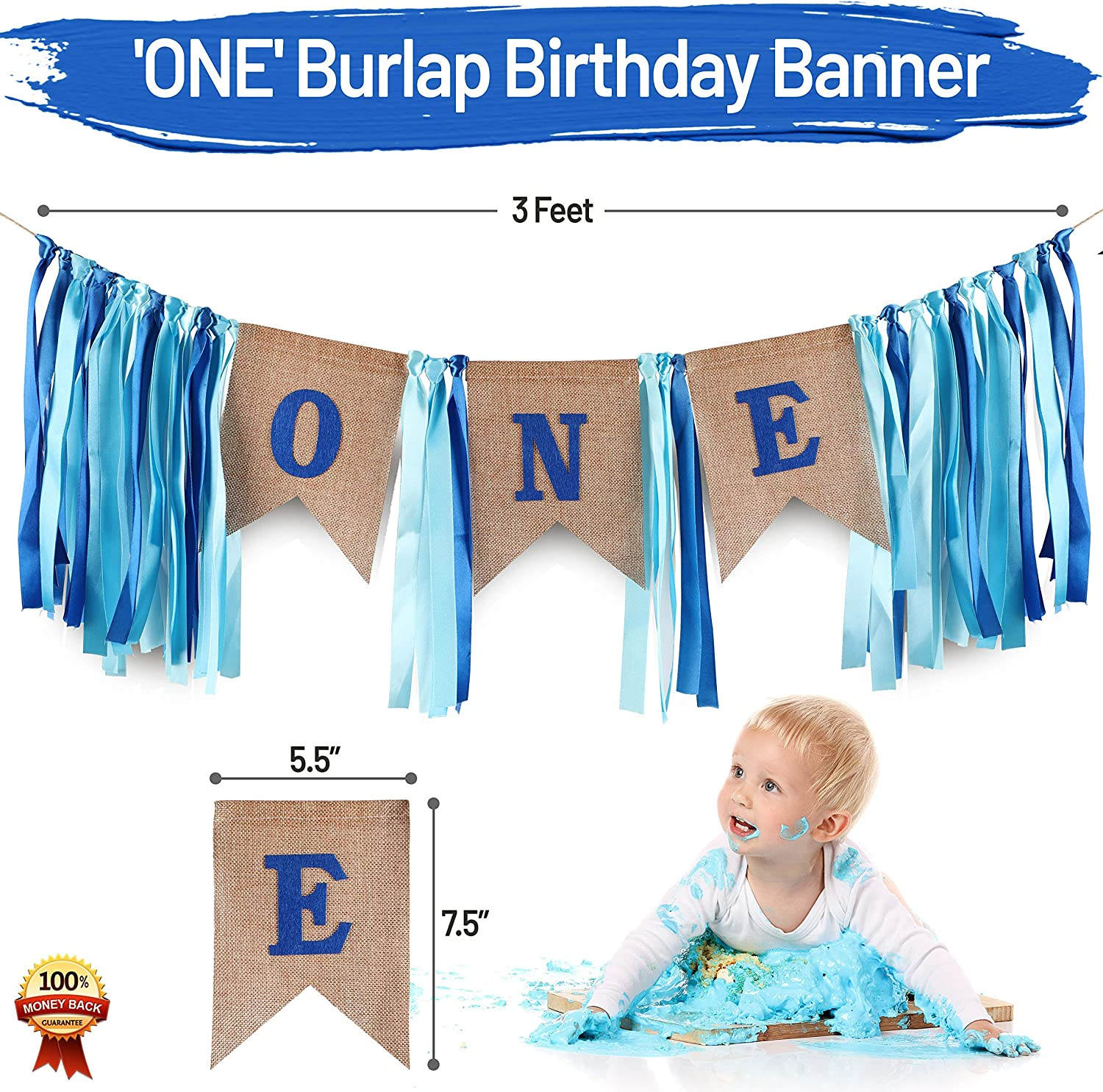 Baby 1St Birthday Boy Decorations with Crown - Baby Boy First Birthday Decorations High Chair Banner - Cake Smash Party Supplies - Happy Birthday ONE Burlap Banner, No.1 Crown, Glitter Cake Topper