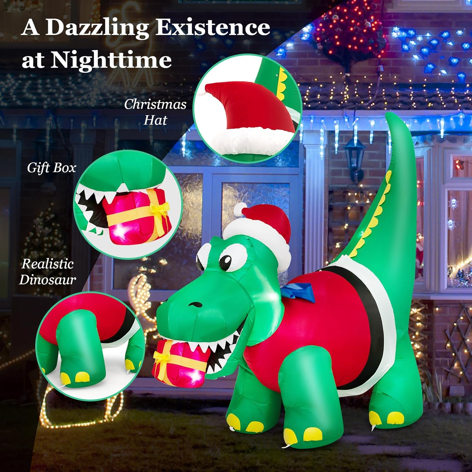 Costway 1.83M Christmas Inflatable Dinosaur, Inflatable Christmas Decoration with LED Lights, Gift Box & Waterproof Blower, Tall Indoor Outdoor Holiday Decoration for Yard, Party, Lawn image number 2