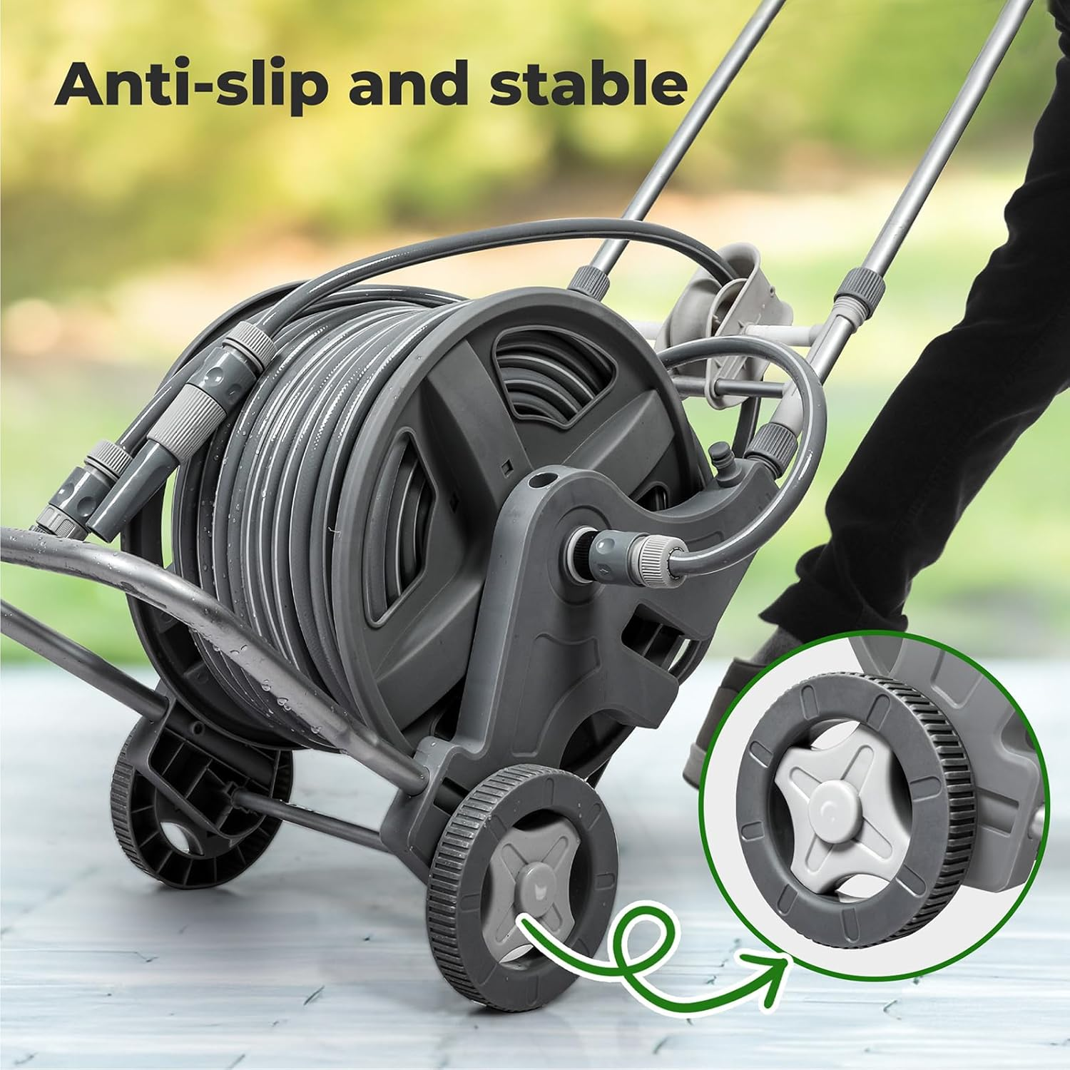 Traderight 45M Portable Water Hose Reel Holder, 1/2'', 2 Nozzle Modes, Self-Closing Water Pipe Valve, Push Cart with Stable Wheels, Garden Watering Car Washing Pet Bathing, PP PVC Material, Outside image number 4