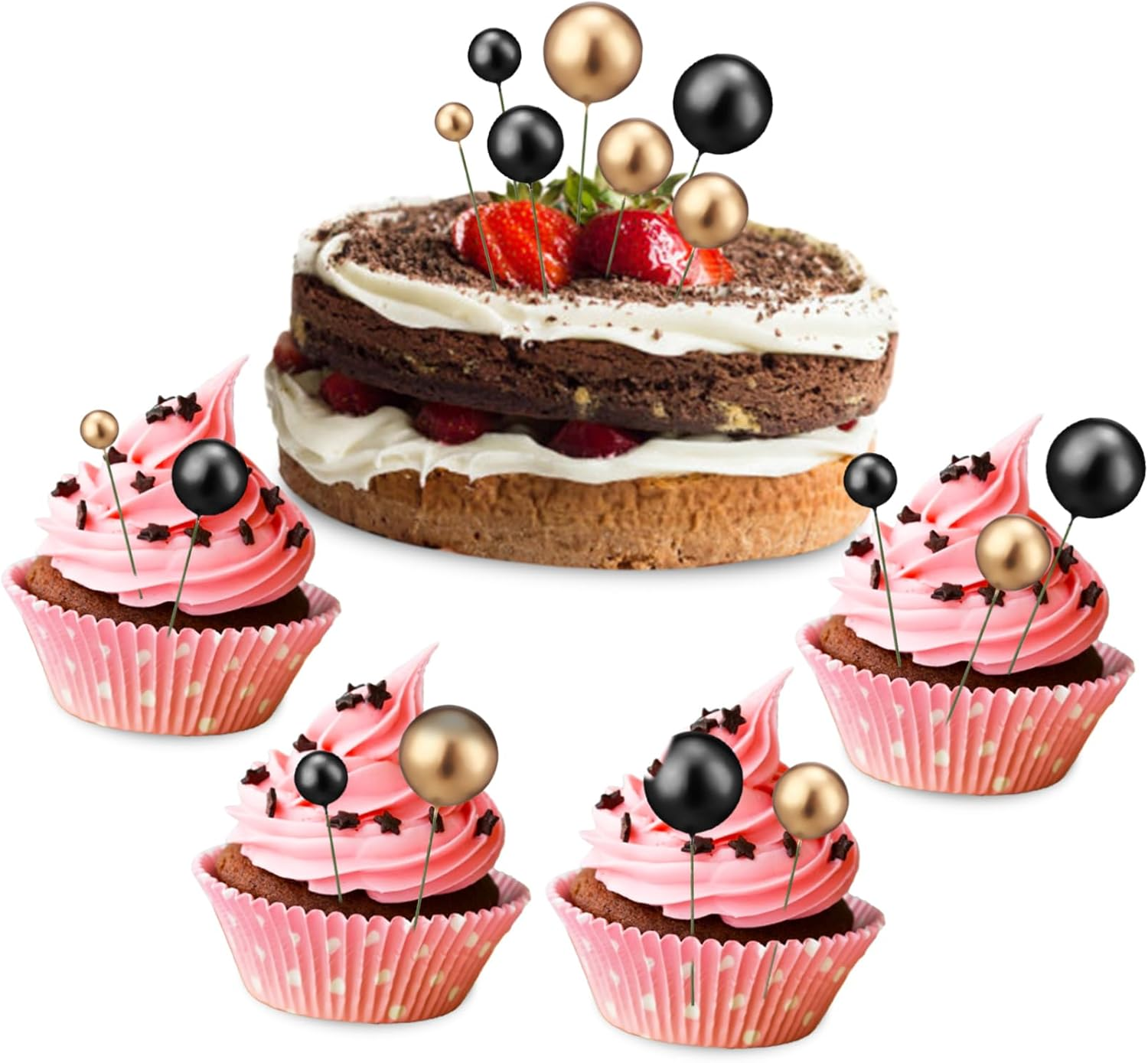 Jojofuny 30Pcs Gold and Silver Ball Cake Picks Cake Topper Balls Birthday Toppers Picks Birthday Party Supplies Dessert Party Decorations image number 4