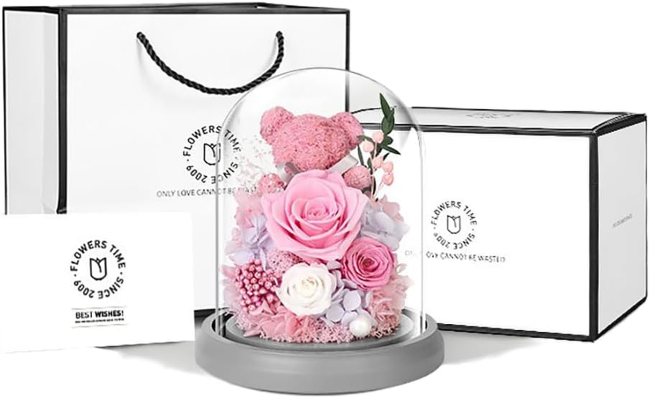 Pink Eternal Rose in Glass Dome with Moss Bear | Romantic Valentine'S Her | Long-Lasting Floral Arrangement | Home Decor with Warm Night Light (Pink) image number 2