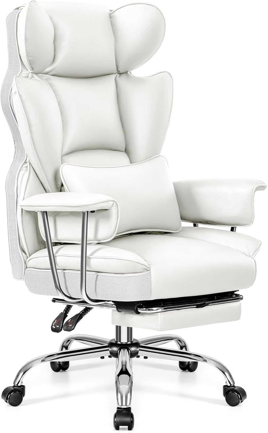 Ergonomic Office Chair with Footrest, Reclining Big and Tall Desk Chair, Leather Executive Office Chair with Lumbar Support, Comfy Wide Seat Computer Gaming Chair for Adults, White