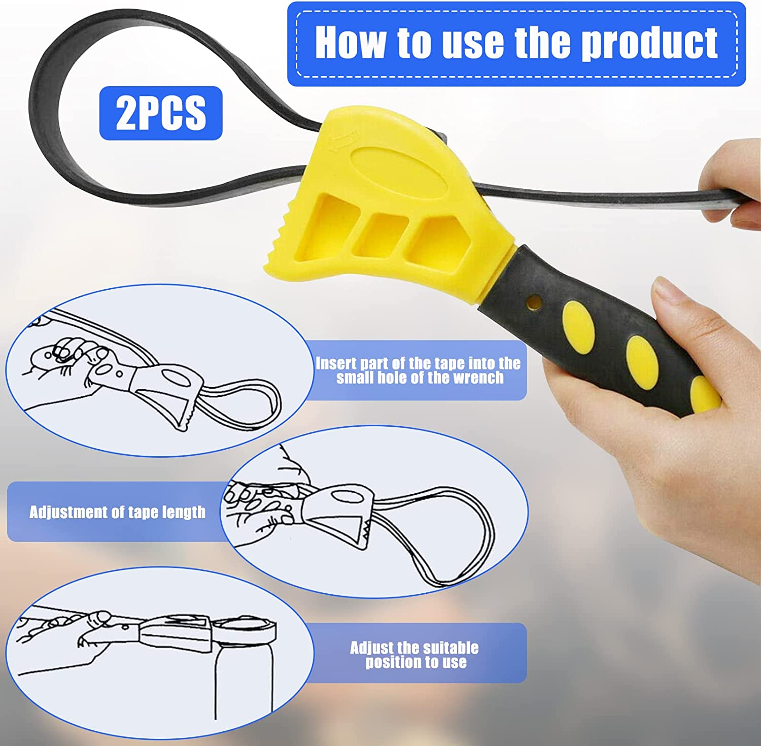 Strap Wrench Set, 2Pcs Universal Rubber Wrench with Anti-Slip Gloves, 22.8In & 18.8In Length Adjustable Rubber Belt Wrench Oil Filter Wrench, Jar Opener for Weak Hands, Pipe Wrench for Plumbers image number 3