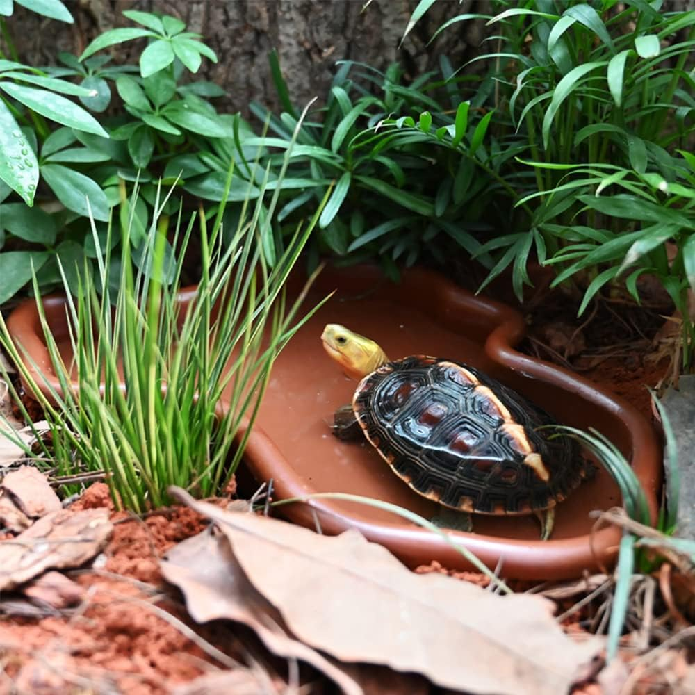 Flushbay Extra Large Reptile Bathing Pool Reptile Feeding Dish Water Bowl with Ramp Aquarium Ornament for Gecko, Snake, Turtle, Bearded Dragon, Lizard Bath (Brown) image number 1