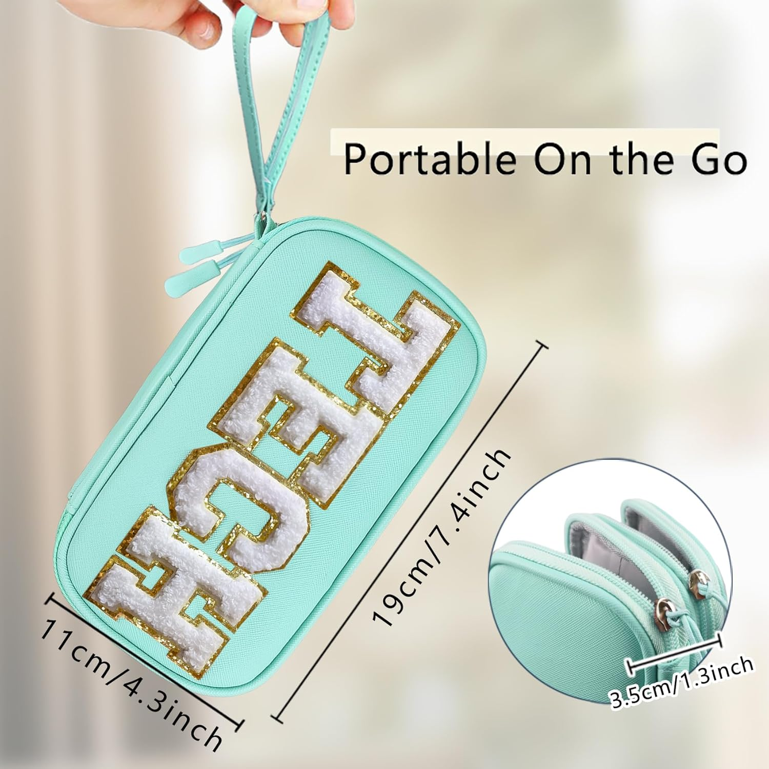COSHAYSOO Electronics Organizer Bag Travel with Chenille Letter Patch TECH Traveling Must Have Accessories Cute Personalized Gift for Women Cable Cord Charger Storage Pouch (Greenish Blue) image number 1