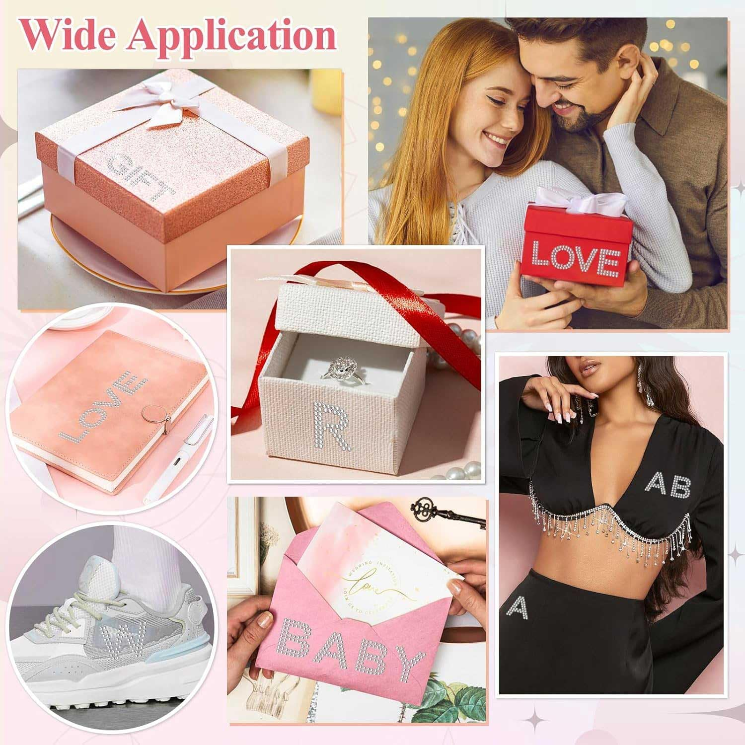 204 Pieces Rhinestone Letters Stickers, 6 Sheets Glitter Self Adhesive Diamond Alphabet Stickers Silver Bling Crystal Letter Stickers Gemstone Border Stickers for DIY Craft Decors (Golden) image number 6